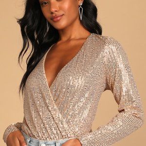 Lulus Stunning Forever Rose Gold Sequin Long Sleeve Surplice Bodysuit - Size M
